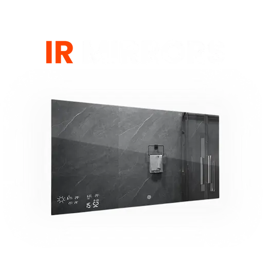 Image of rectangular infrared heated mirror with LED backlight against a clear background with 'IR MIRRORS' text above referring to the range of infrared heater.