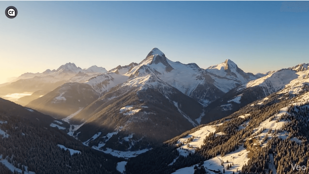 Paysage de montagnes enneigées éclairées par le soleil levant, avec une vallée boisée au premier plan.
