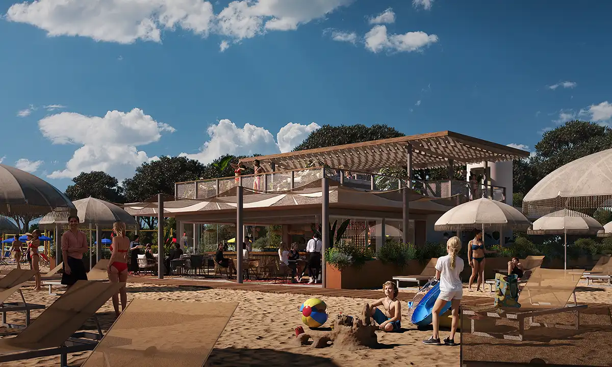Vibrant beach club with two-level restaurant, large umbrellas, lounge chairs, and children playing on the sand. Architectural 3D rendering of a luxury seaside resort.