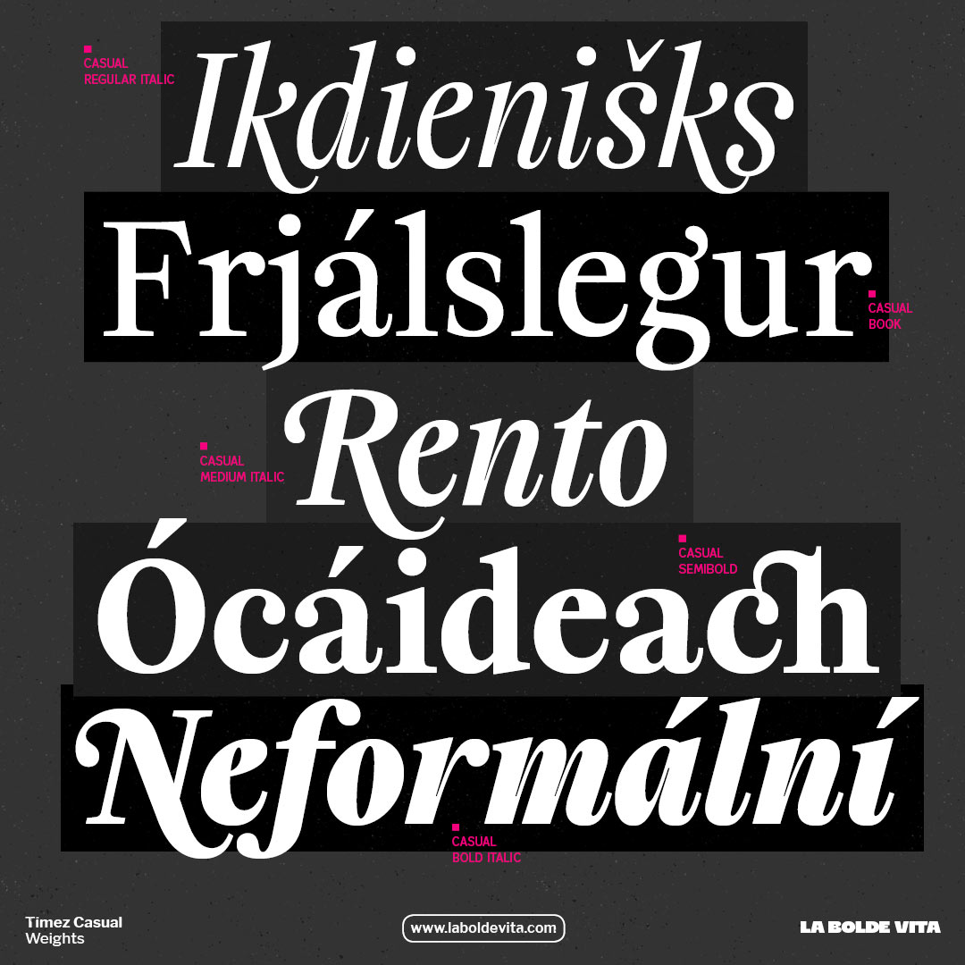 five sample words of Timez Casual in various weights and styles in white on dark grey