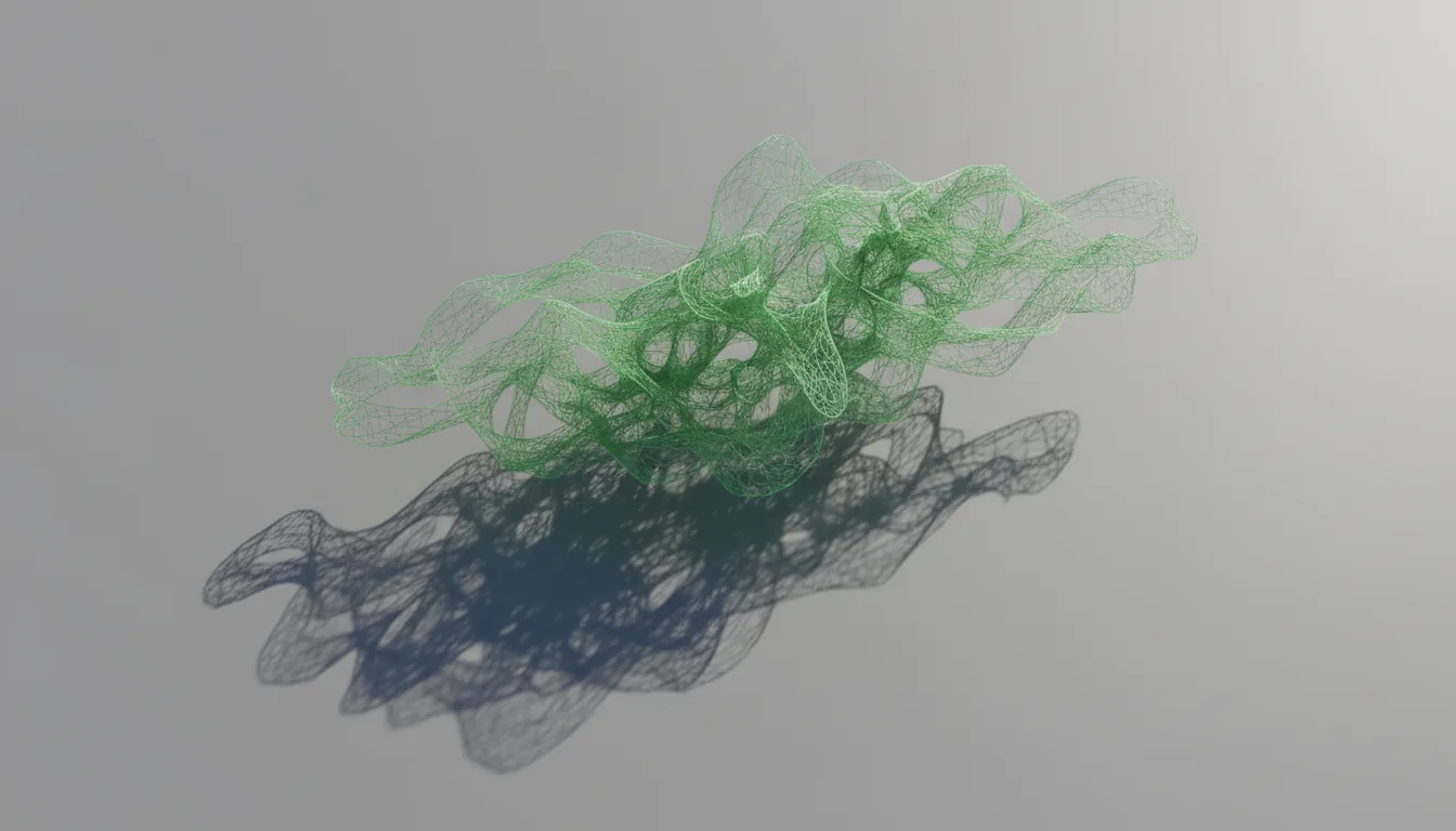 A high-angle 3D render of a fluid, generative art sculpture, architectural visualization in a Blender style. The organic form is composed of delicate, flowing, translucent green wireframes that curve elegantly. The object is set against a clean, minimalist light gray surface with a smooth gradient. Strong, soft studio lighting from the top-right casts a complex, wispy, dark shadow onto the surface, creating high contrast and a sense of depth.