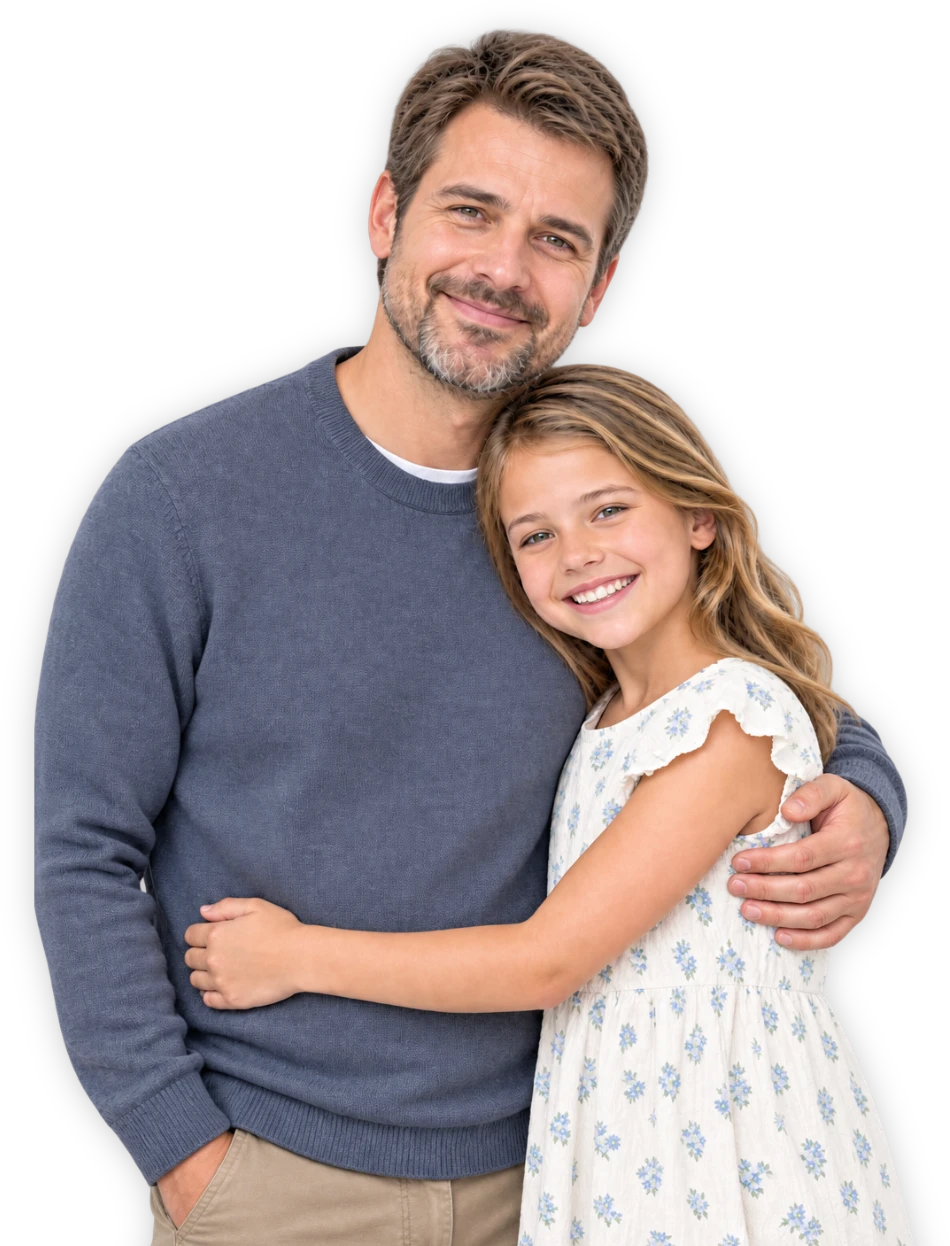 Smiling father hugging his young daughter against a cream background