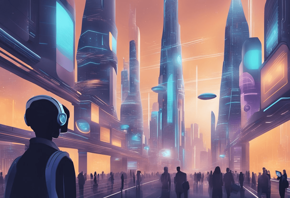 A futuristic cityscape with advanced technology and data-driven recruitment strategies in action. AI algorithms and virtual reality interfaces are utilized for candidate sourcing in 2024