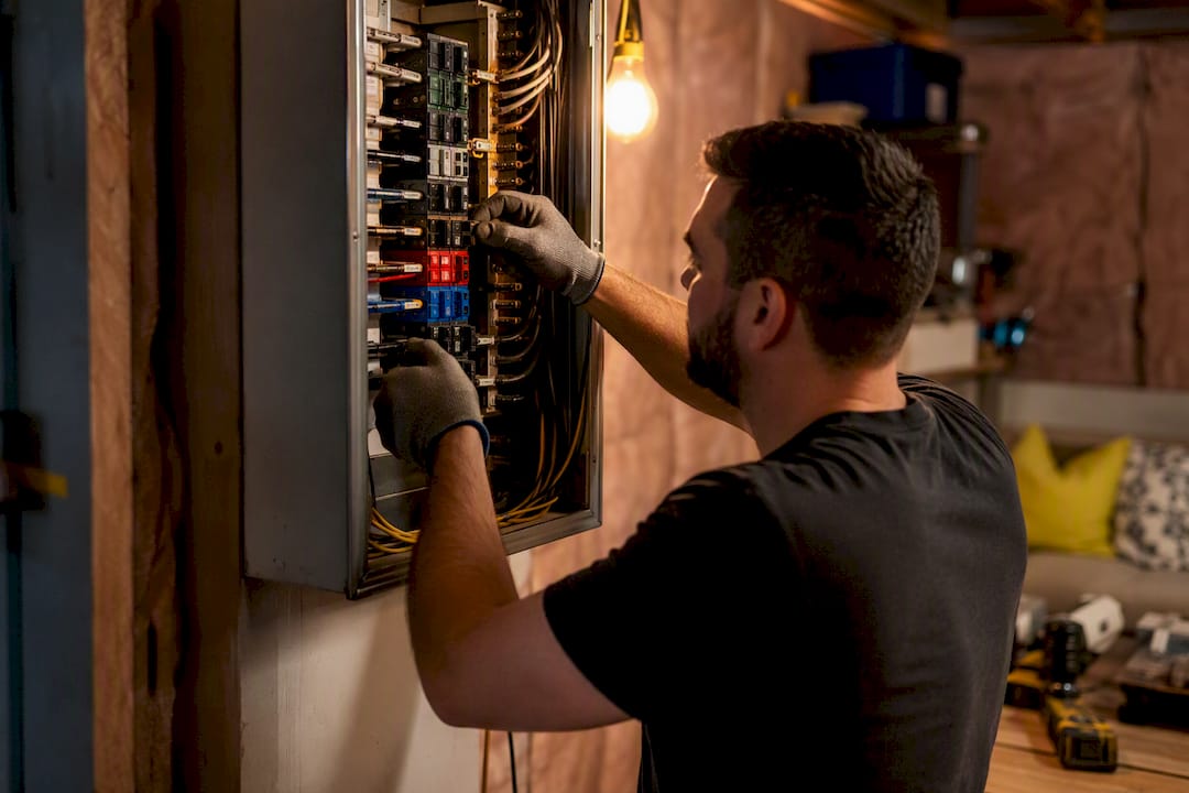 Electrician hands finishing switchboard upgrade
