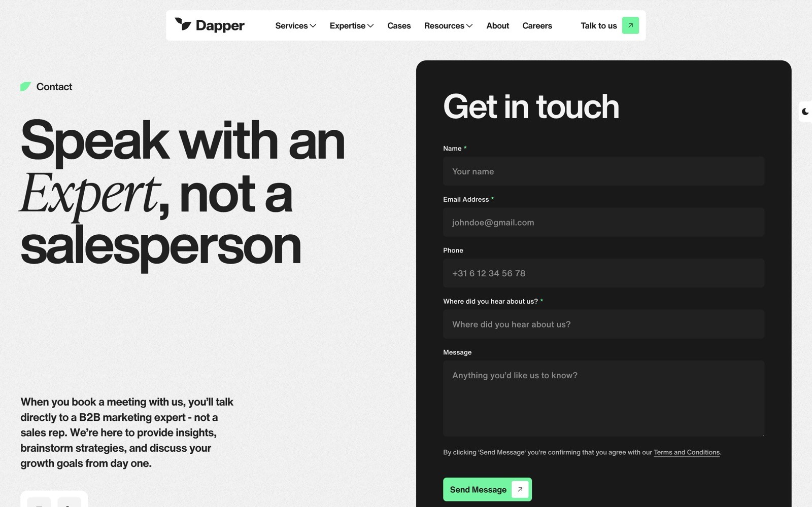 Speak with an Expert not a salesperson. Contact form fields: Name, Email, Phone, Website, Message. Green "Send Message" button.