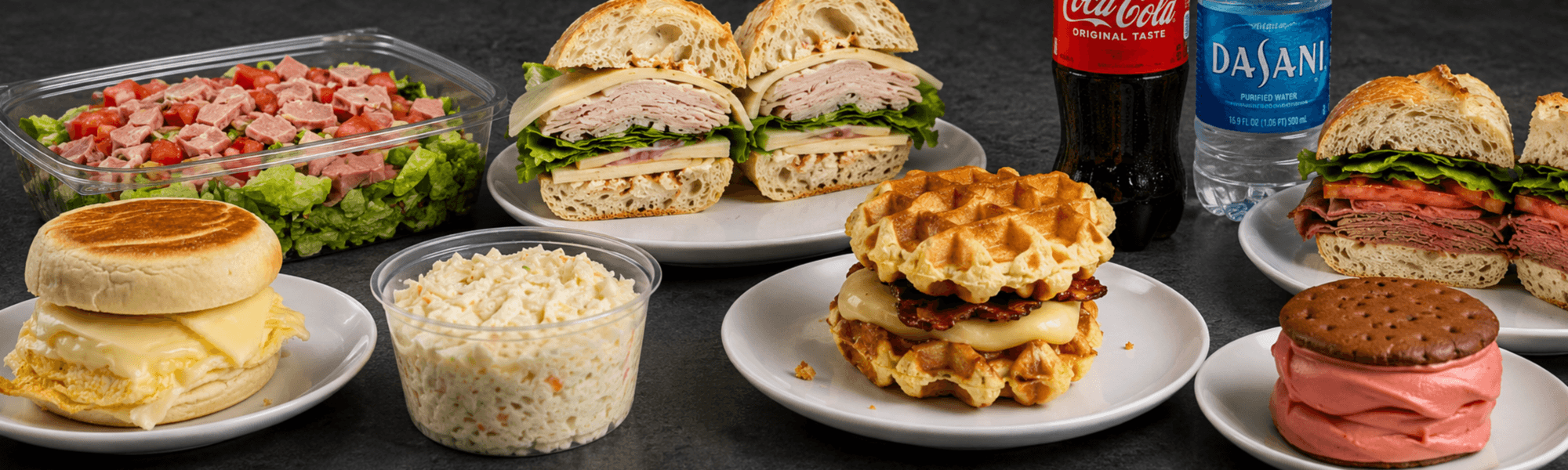 A spread of Robo’s deli sandwiches, salads and drinks