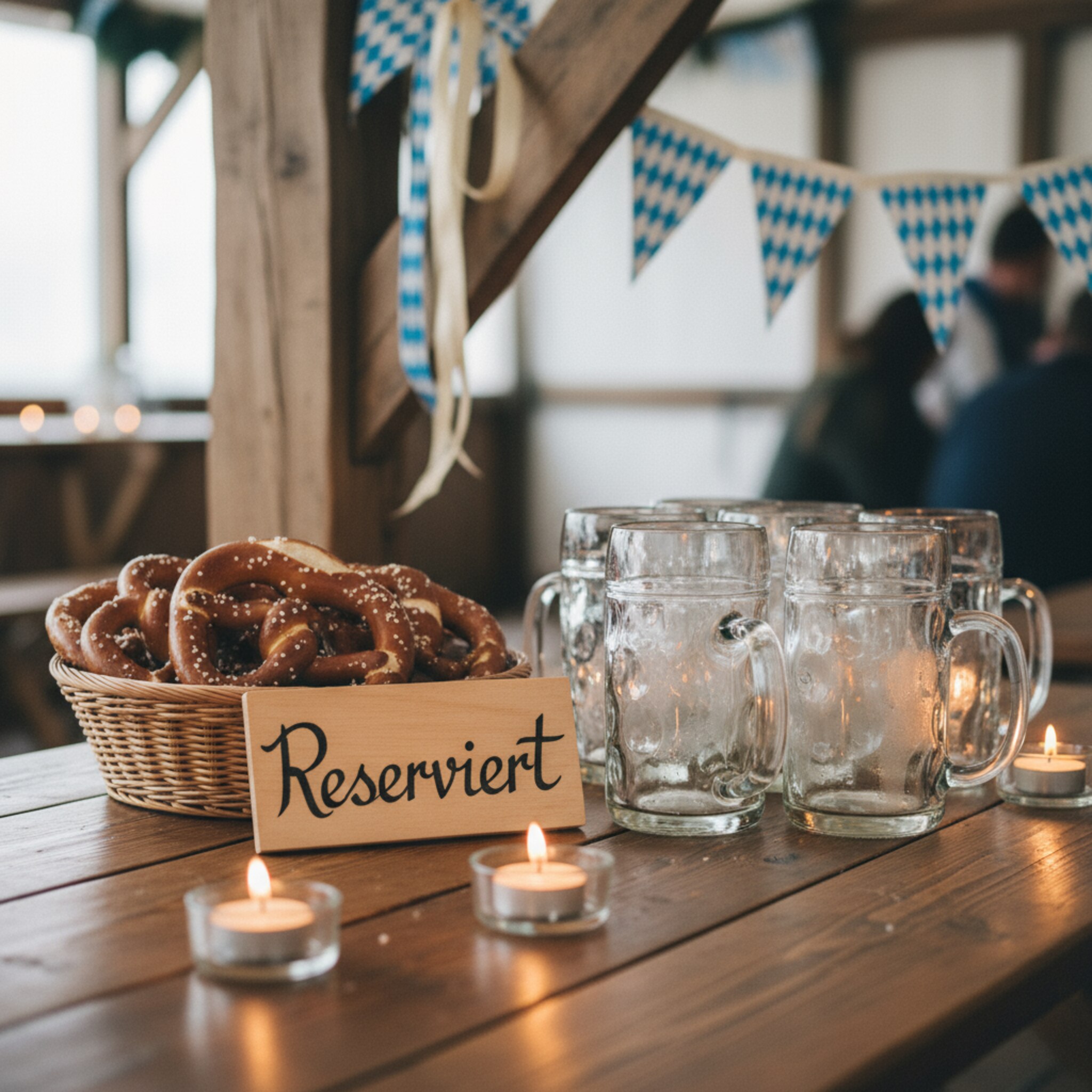 Ein rustikaler Holztisch mit einem kleinen Reserviert-Schild, daneben gestapelte Brezenkörbe und polierte Maßkrüge. Im Hintergrund hängt eine Girlande in den Festfarben, Kerzenlicht spiegelt sich im Glas. Die Szene wirkt ruhig und erwartungsvoll, als würde gleich eine große Runde anstoßen.