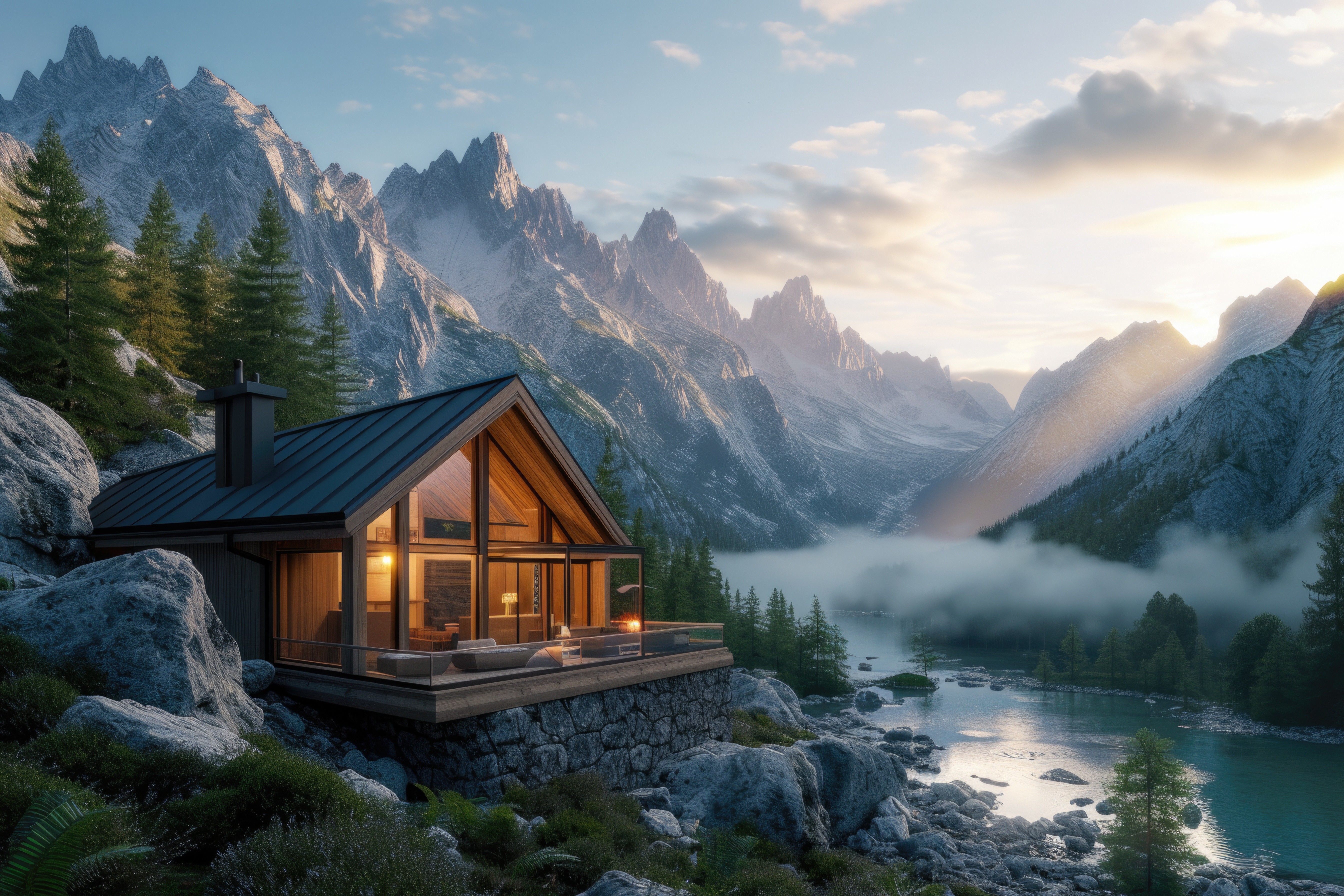 A cozy cabin with large windows sits by a tranquil lake, surrounded by mountains and pine trees. Sunlight breaks through clouds, creating a serene atmosphere.