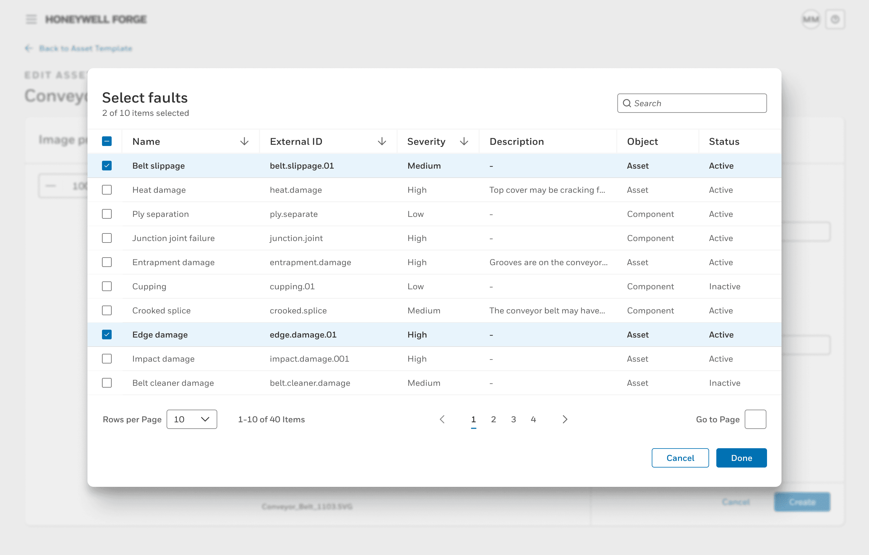 Select faults modal popup to connect faults to the overlay