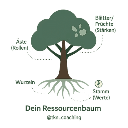 Grafik: Ressourcenbaum - Wurzeln, Stamm, Äste, Blätter. Coaching-Konzept zur persönlichen Weiterentwicklung.