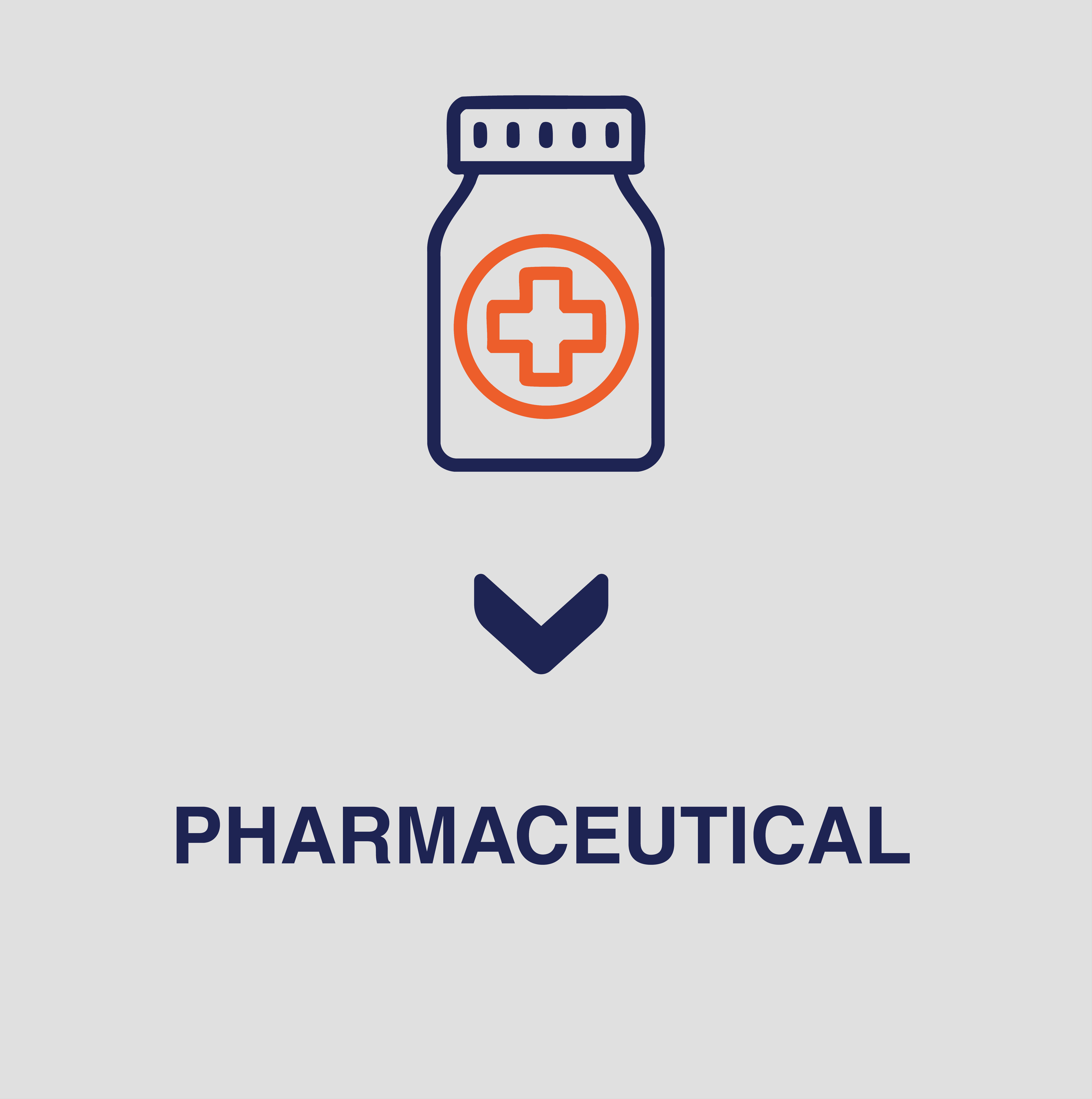icon of a medicine container in blue with and orange plus sign on it on a white background with blue text saying pharmaceutical