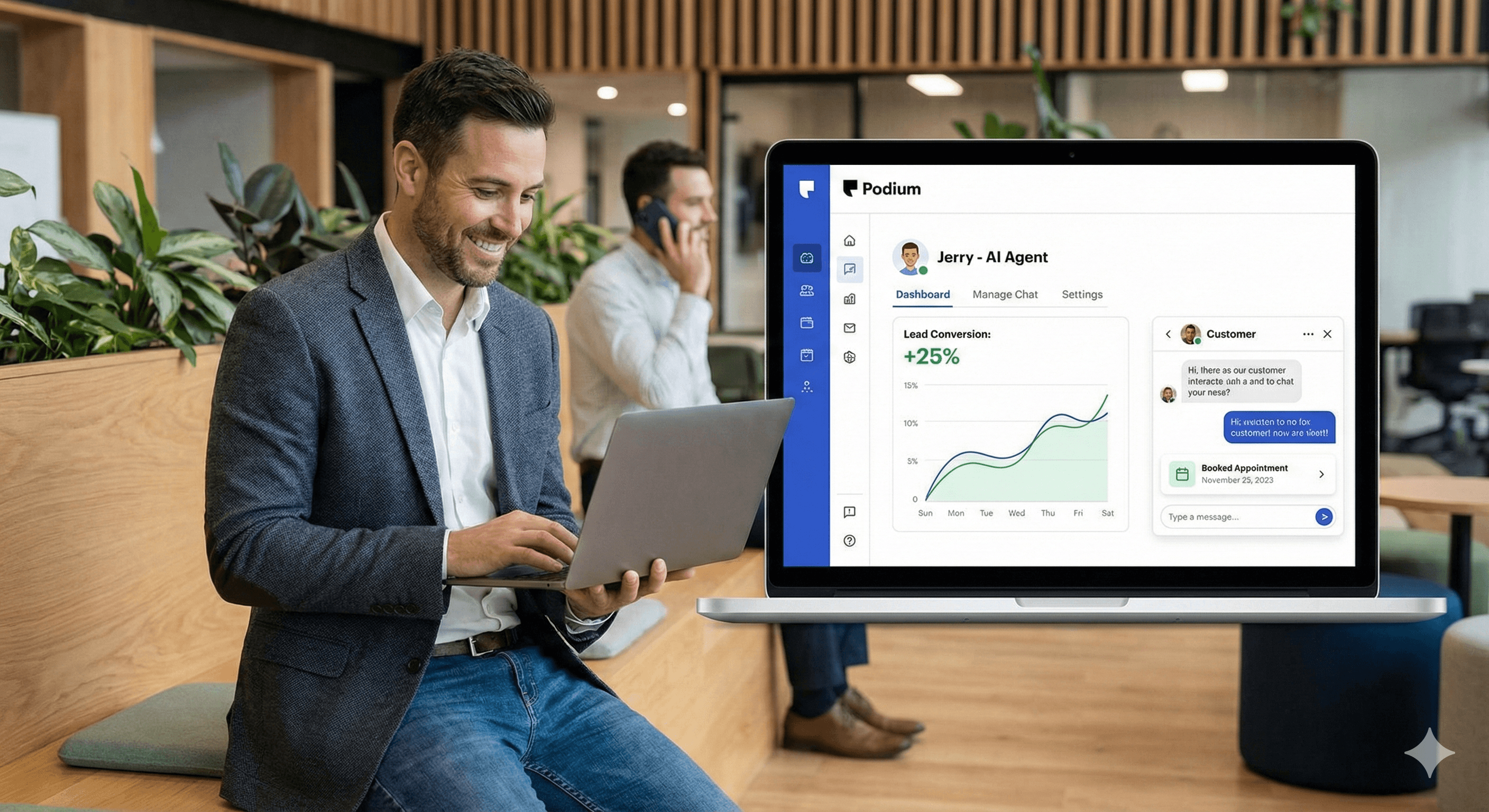 A man sits in a modern office space using a laptop, featuring a pop-up display of an AI software dashboard from Podium, depicting a graph with a 25% lead conversion increase and customer interaction tools, illustrating the effective use of AI to empower local businesses.