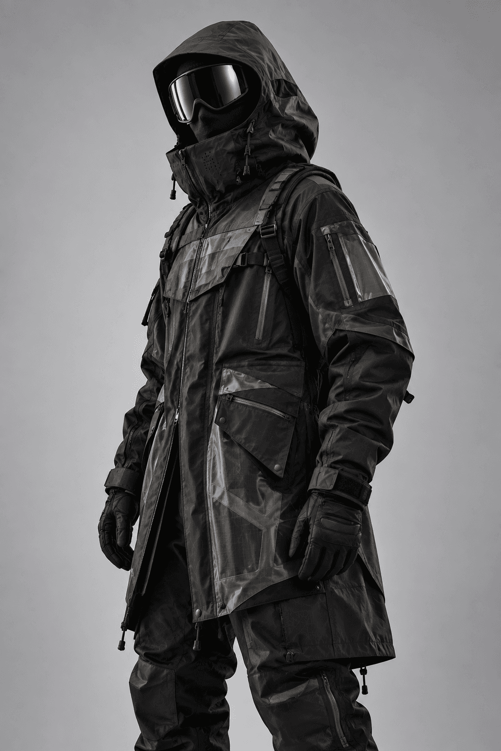 Technical black hooded jacket with chest straps and front pockets