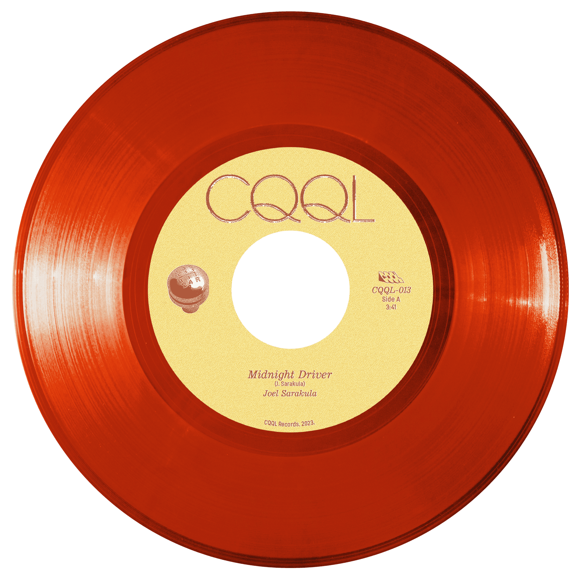 Clear red vinyl record with a yellow label on a white background