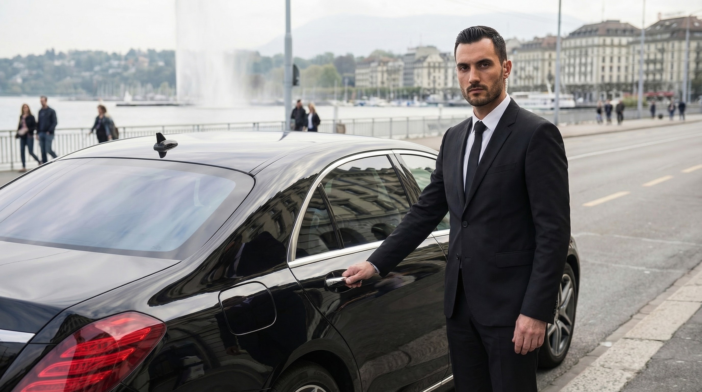 Chauffeur privé sécurisé KRK Security devant une berline de luxe au bord du Lac Léman à Genève