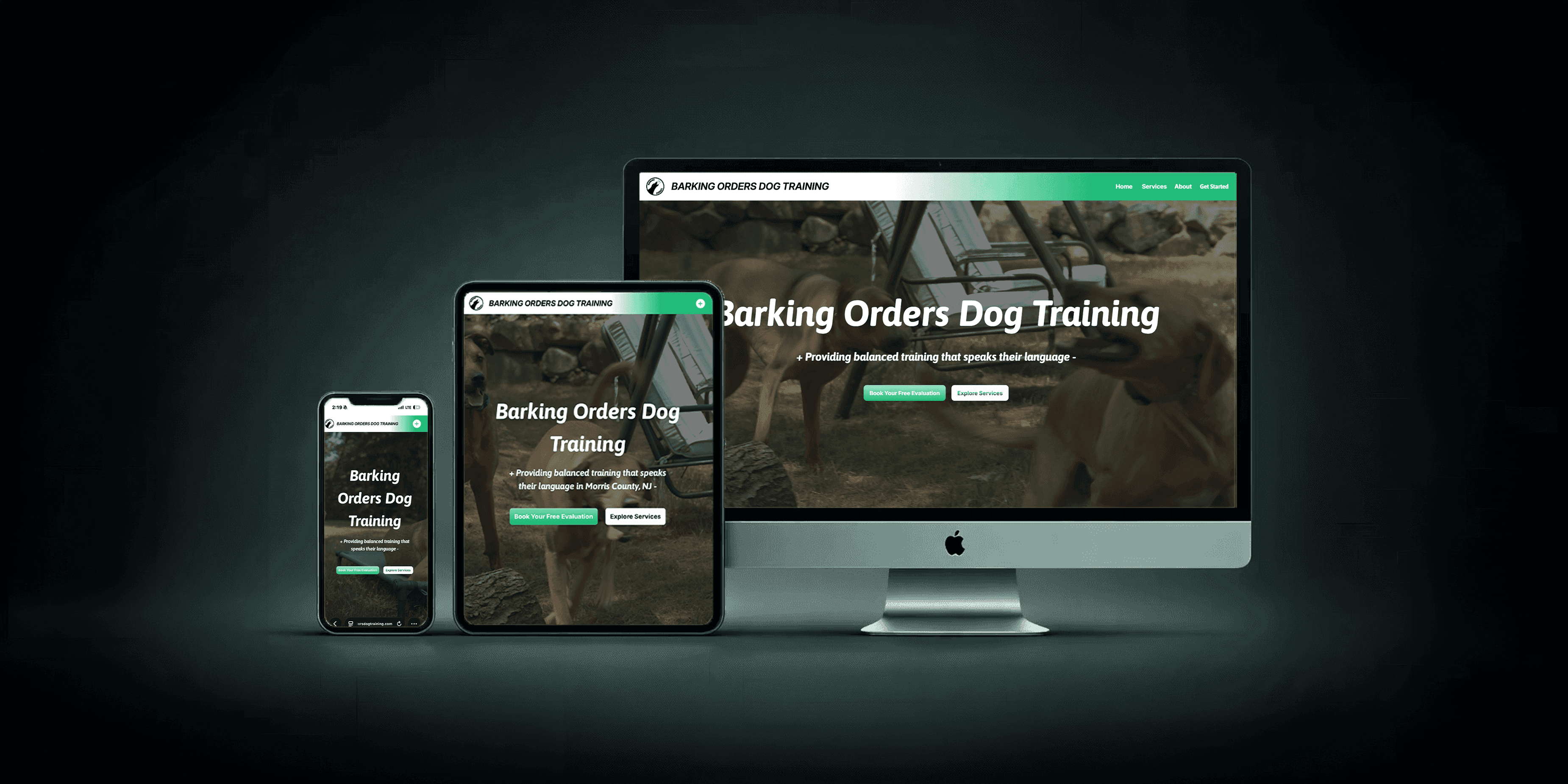 Responsive dog training website design displayed on desktop tablet and mobile devices