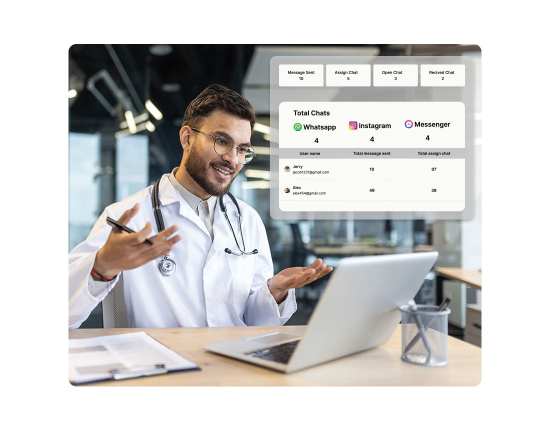 Smiling doctor conducting a virtual consultation while monitoring patient chat statistics from WhatsApp, Instagram, and Messenger on a laptop – Digital healthcare