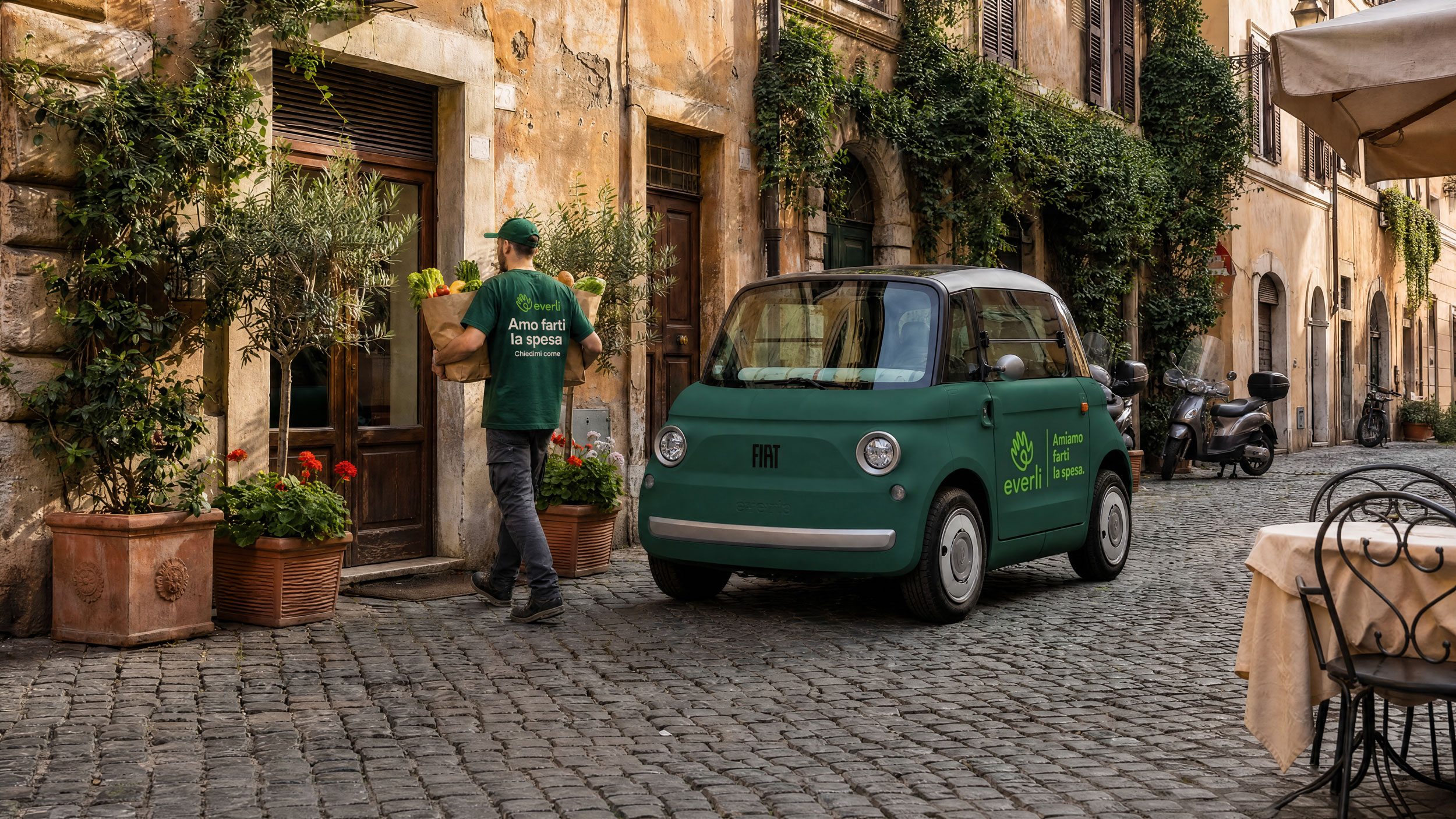 An Everli shopper with the Everli delivery car on an Italian street