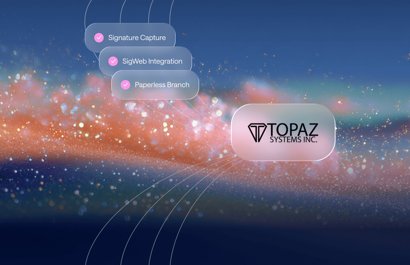 Abstract hero image showing a dynamic wave of orange and blue particles on a gradient background.