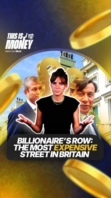 Daily Mail Money graphic showing reporter in front of luxury London mansions with billionaires Roman Abramovich and Lakshmi Mittal, discussing the most expensive street in Britain.