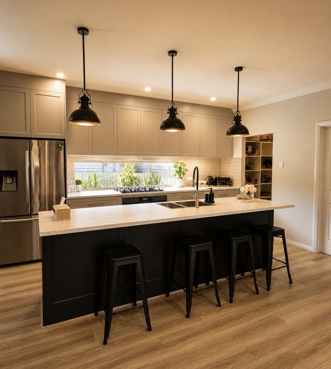 Modern kitchen island with white bar stools