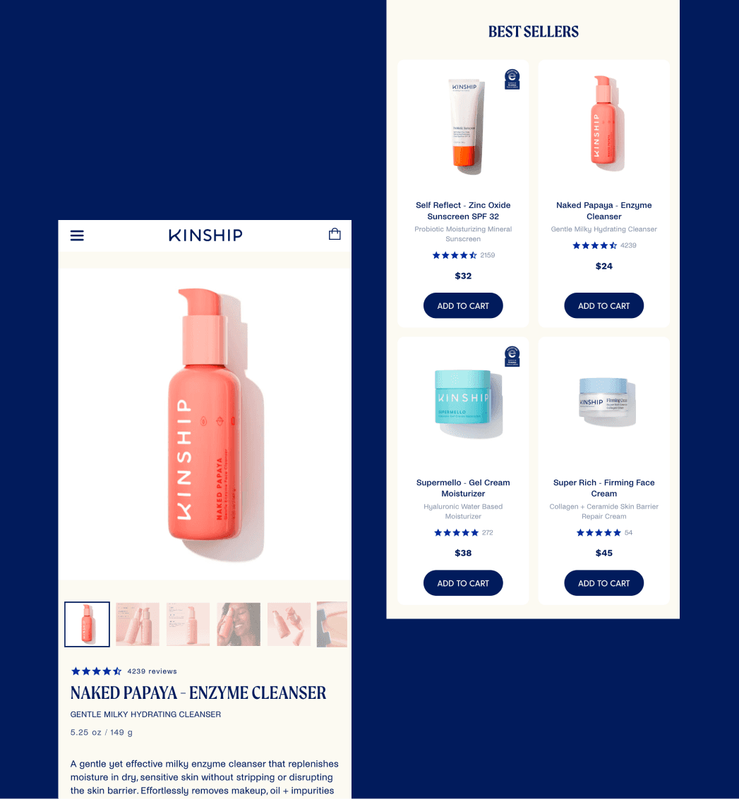 Mobile and desktop PDP views for Kinship highlighting product imagery and merchandising layout