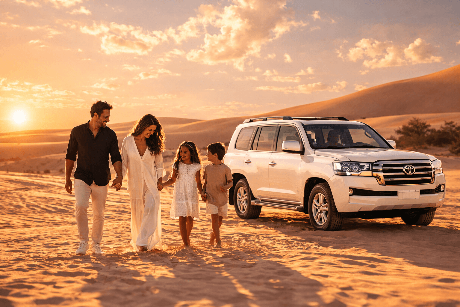Family walking in the Dubai desert beside a Toyota Land Cruiser during a Dune Quest Tours desert safari at sunset