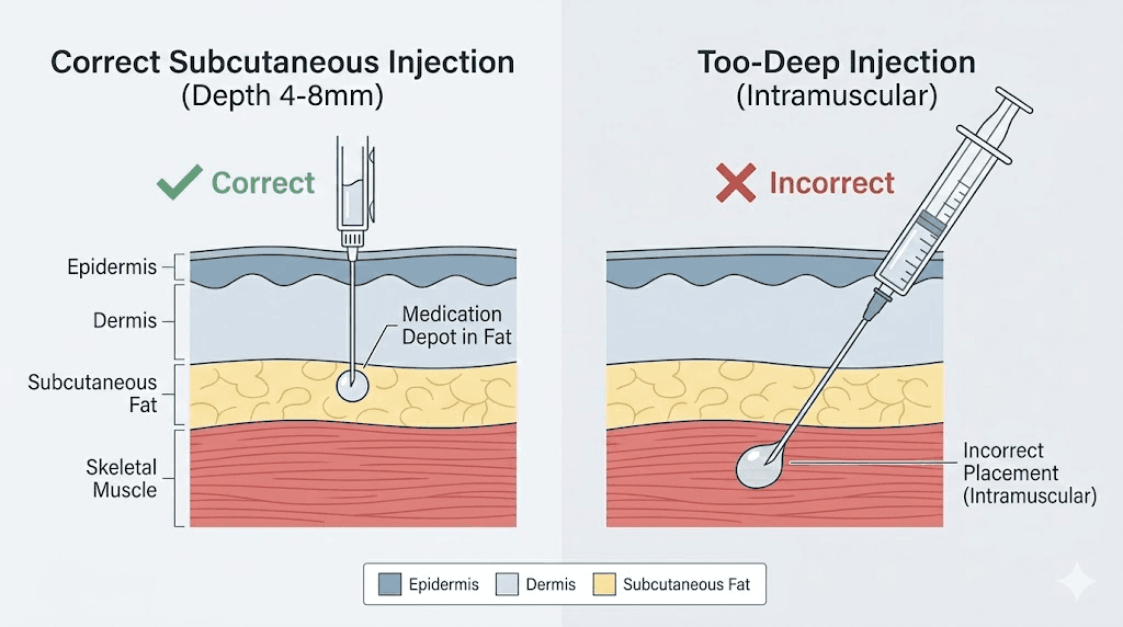 Semaglutide injection depth comparison showing subcutaneous fat layer versus muscle tissue