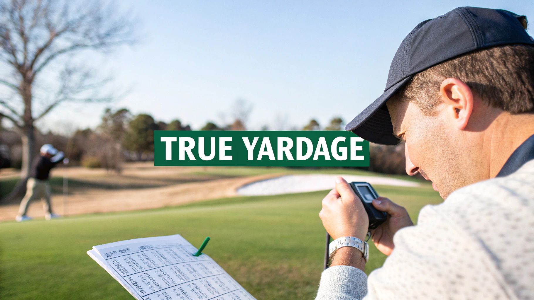 A golfer uses a rangefinder and pin sheet to determine true yardage on a golf course.