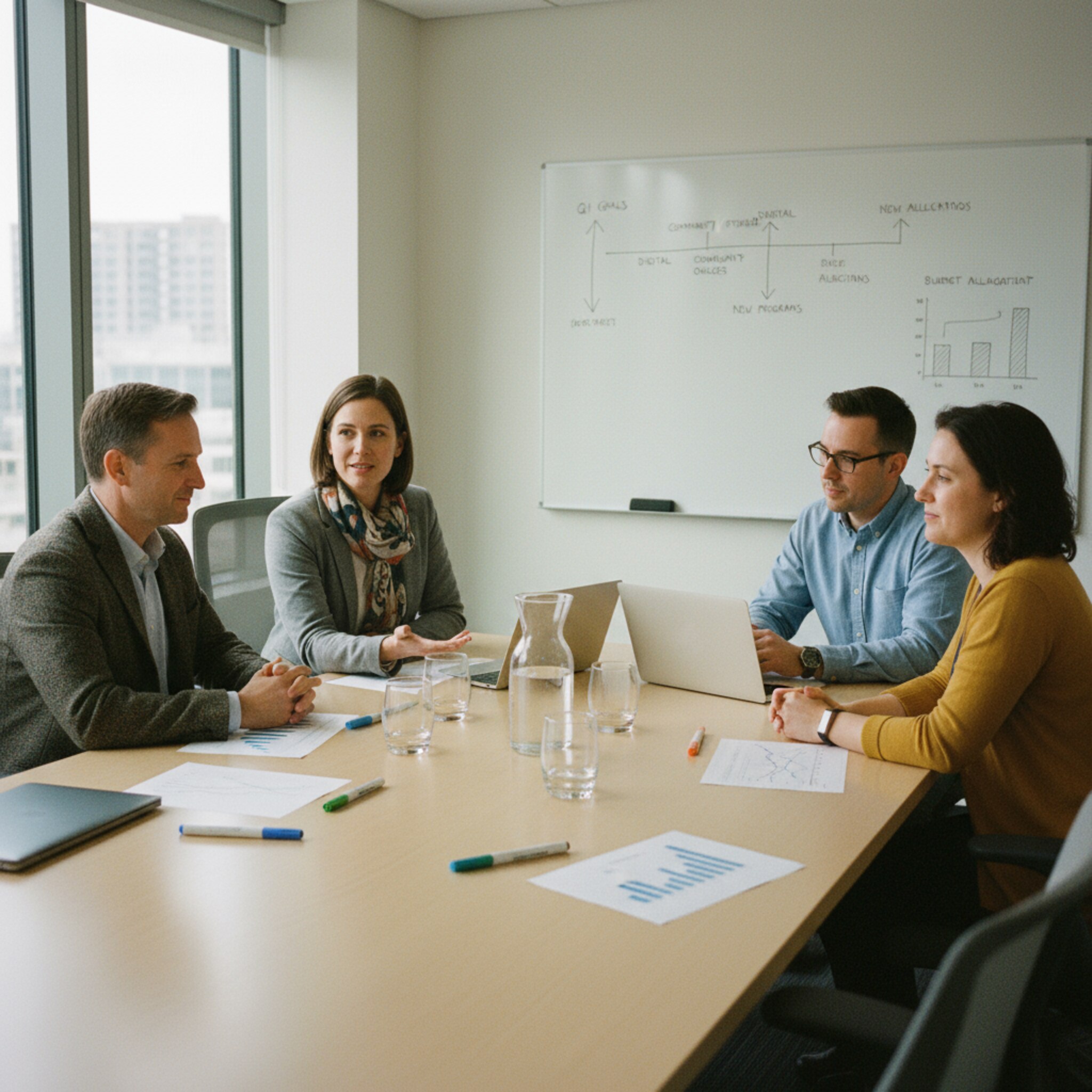 In einem Besprechungsraum sitzt die Bibliotheksleitung mit einem kleinen Team. Ausdrucke mit einfachen Diagrammen liegen auf dem Tisch, farbige Marker markieren Trends. Alle diskutieren ruhig über Auslastung und Zielgruppen. Die Szene zeigt Struktur, Transparenz und gemeinsame Ausrichtung.