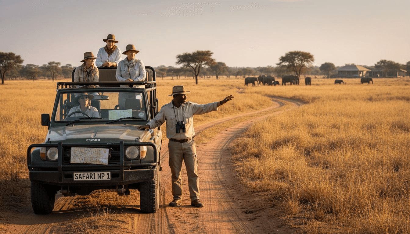 Safari ranger and guests watch elephants at dawn