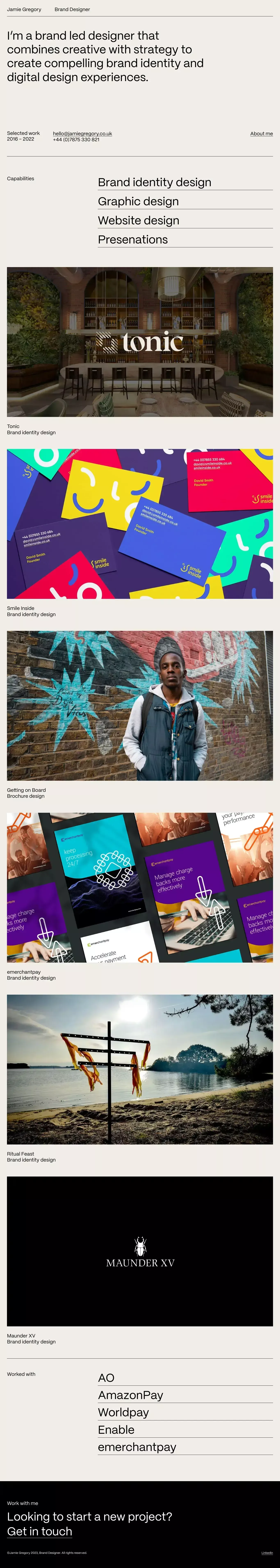 Brand Designer / Jamie Gregory portfolio page screenshot showcasing Design and Tech design