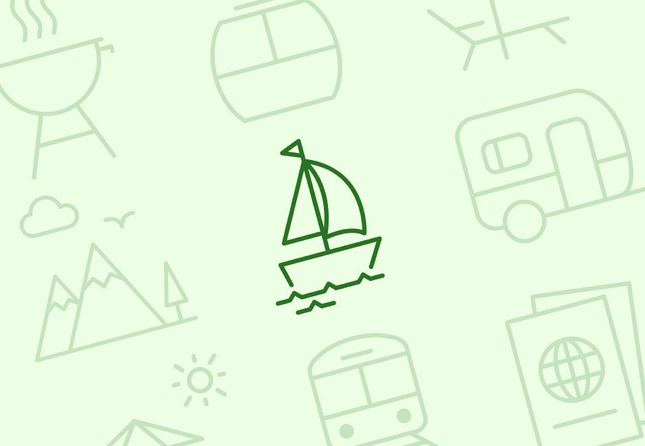 Angled presentation of a custom travel icon set. A single crisp green icon is highlighted in the center, surrounded by softly faded background icons.