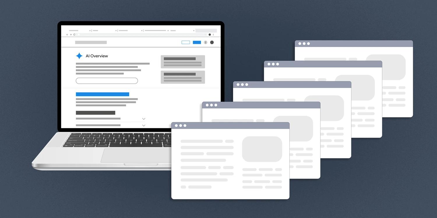 A laptop with AI Overview results on the window with several other web browser windows on the graphic.