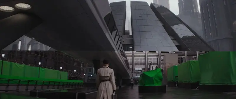 A combination of green screen and practical sets to create the Imperial Security Bureau