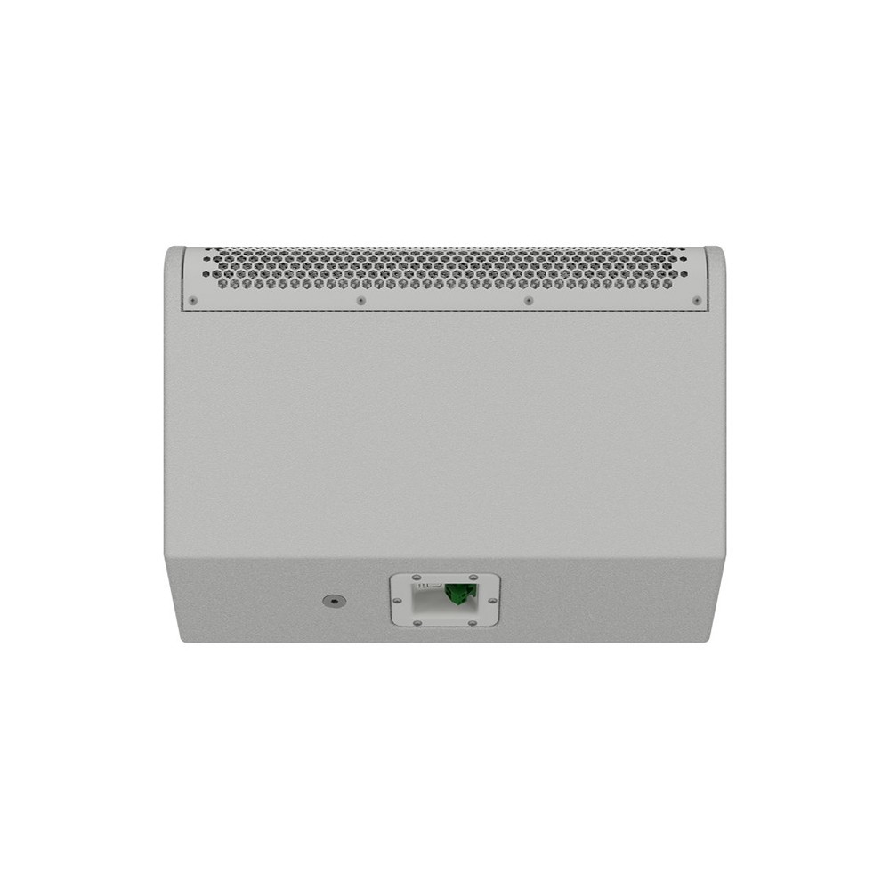 Gray speaker with perforated top and inputs on bottom.