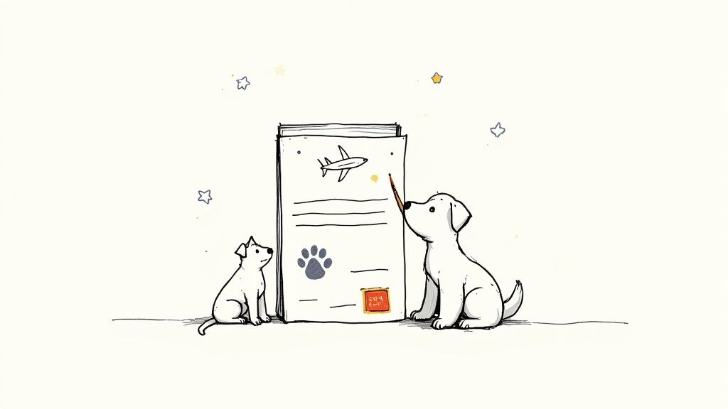Two cartoon dogs, one pointing at a document with an airplane and paw print, discussing pet travel.