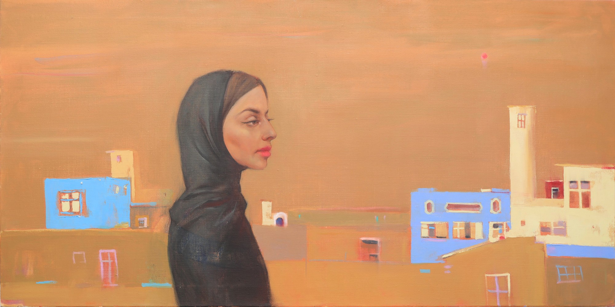 A person in a black headscarf stands against a warm-toned, abstract urban landscape with blue and beige buildings.