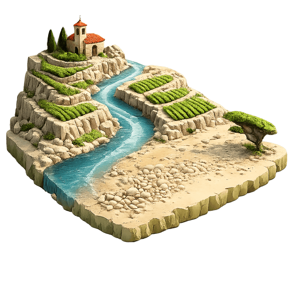 Artistic illustration of the Rhône Valley wine region.