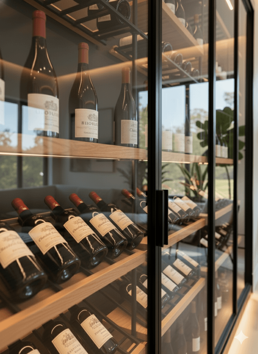 Wine bottles in a modern glass wine cellar with a variety of red and white wines, stored on wooden shelves.