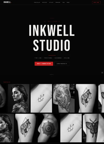 Tattoo studio website AI prompt – Inkwell Studio black red zine design preview