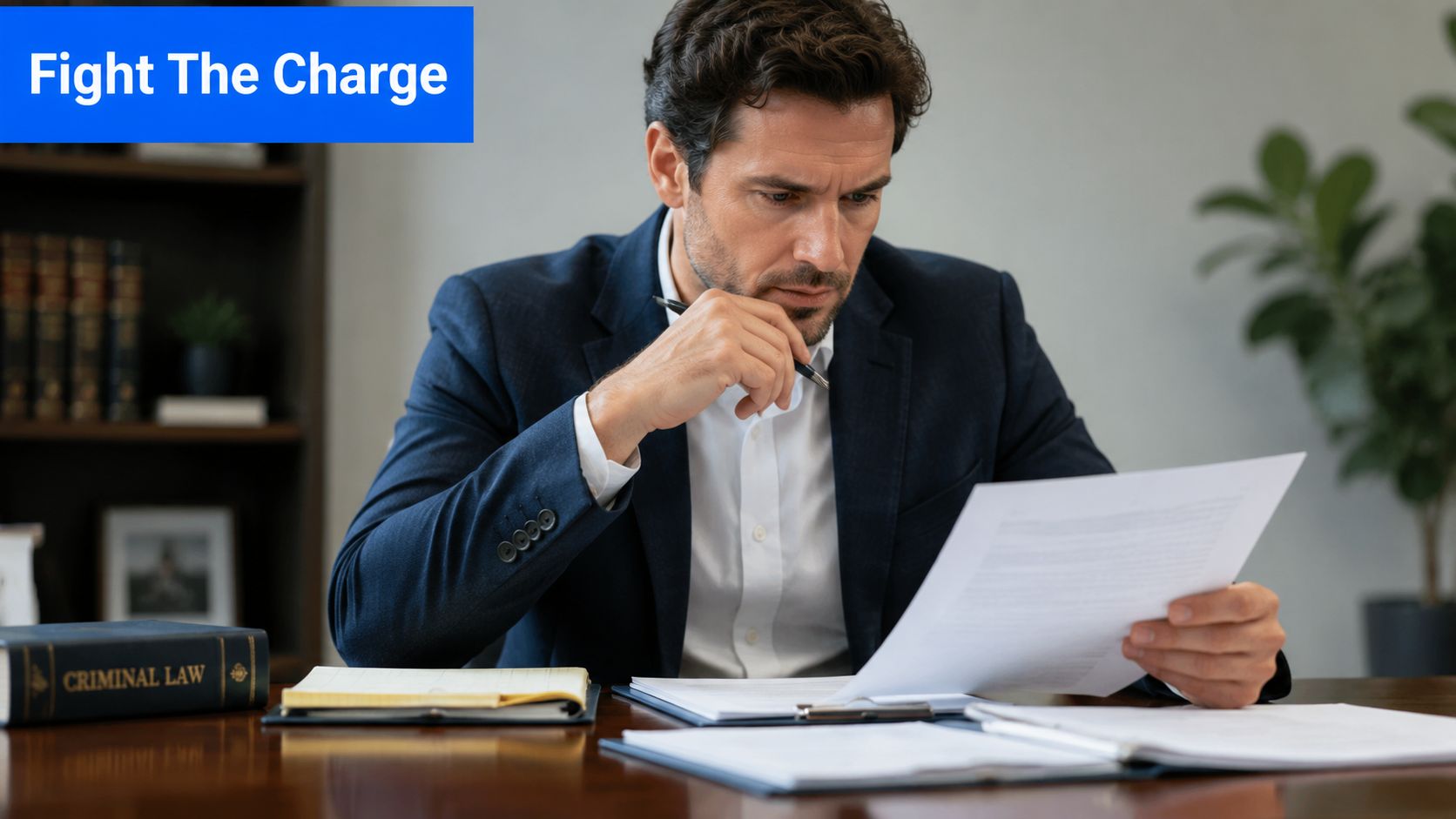 A professional attorney reviewing legal documents while sitting at a desk with a criminal law book.