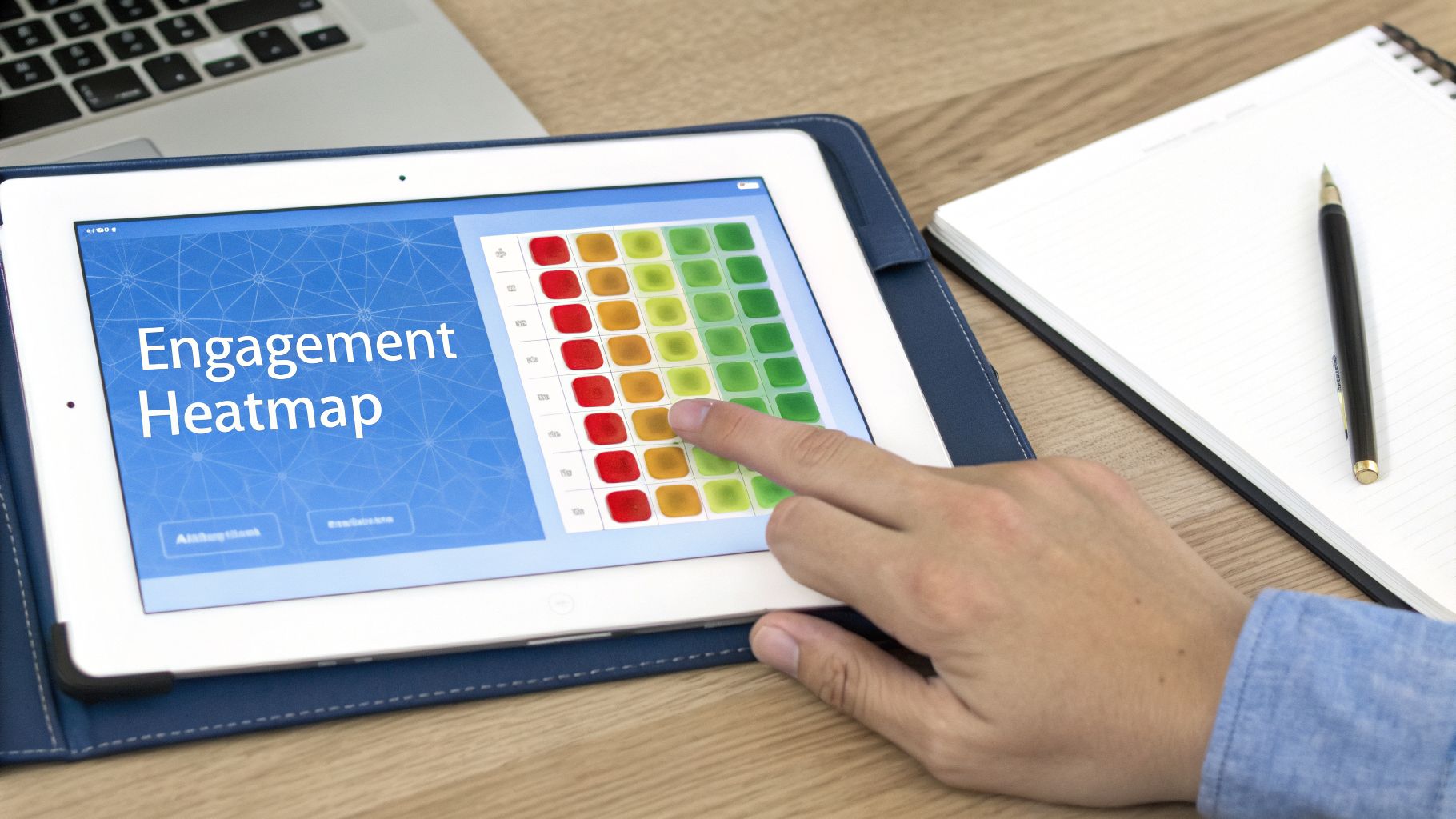 A hand touches a tablet screen showing an 'Engagement Heatmap' with colored squares, all resting on a wooden desk.