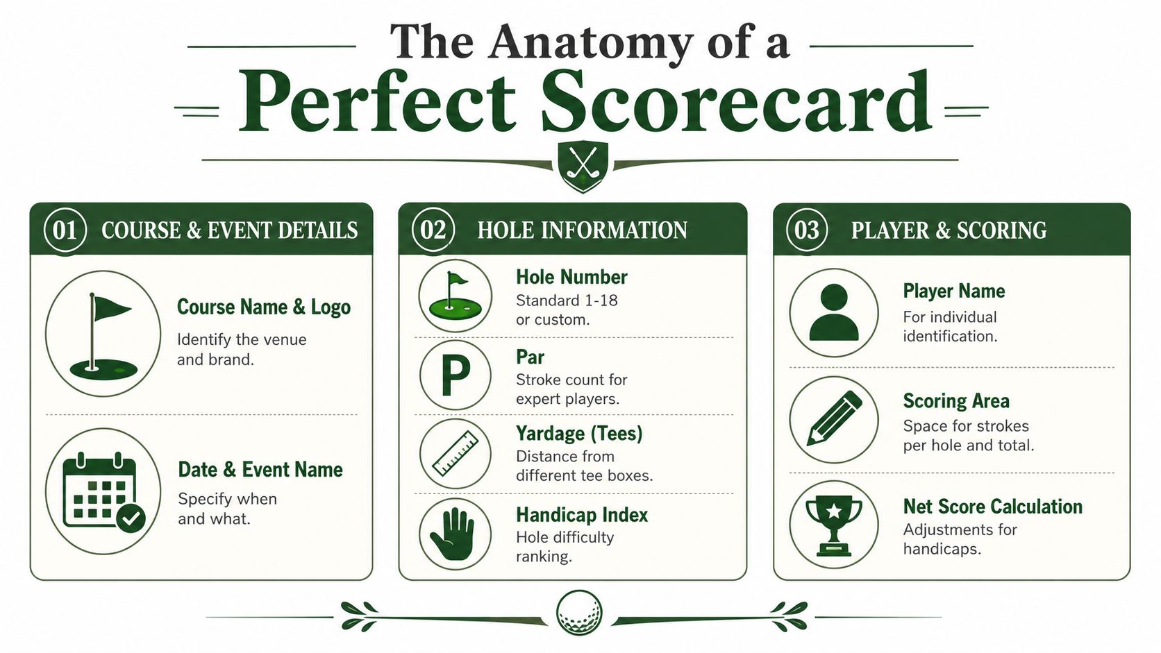 An infographic titled The Anatomy of a Perfect Scorecard outlining essential elements for golf course scorecards.