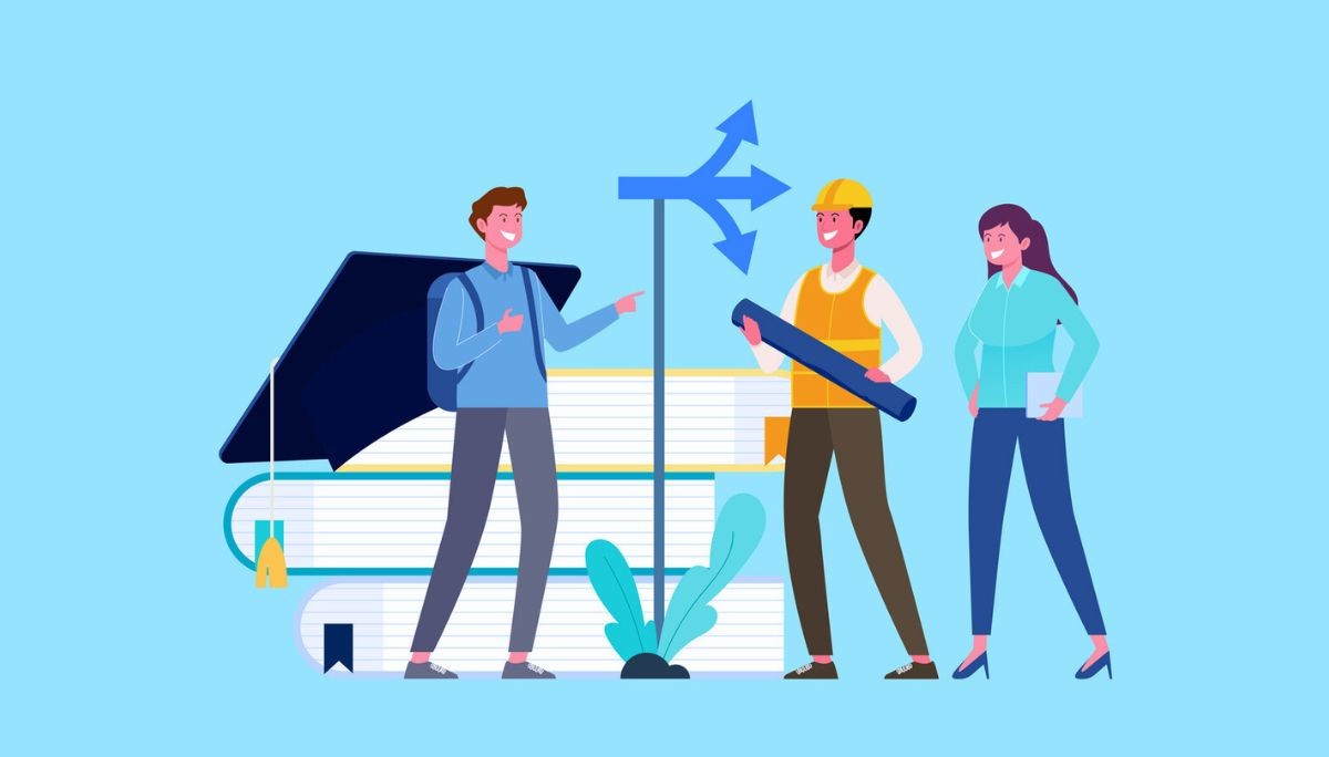 Illustration of three people representing different career paths—student, engineer, and business professional, standing beside a stack of books and a signpost with arrows.