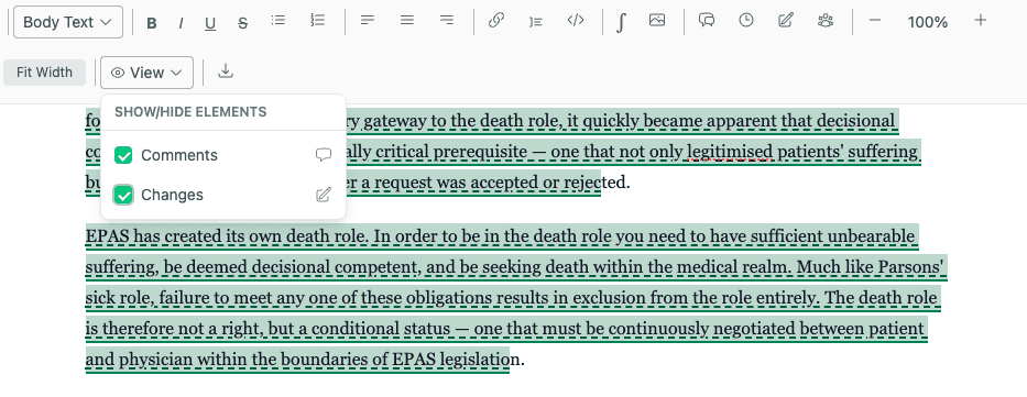 Coauthor document view showing comments and changes enabled during manuscript review