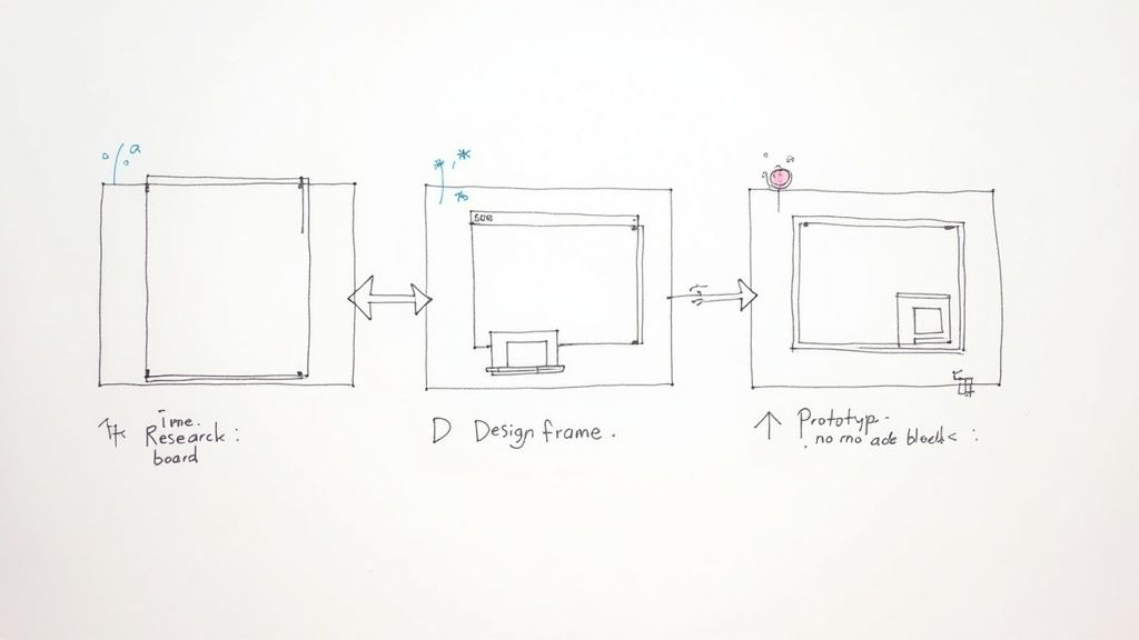 A hand-drawn diagram illustrating a three-step design process: research, design frame, and prototype.