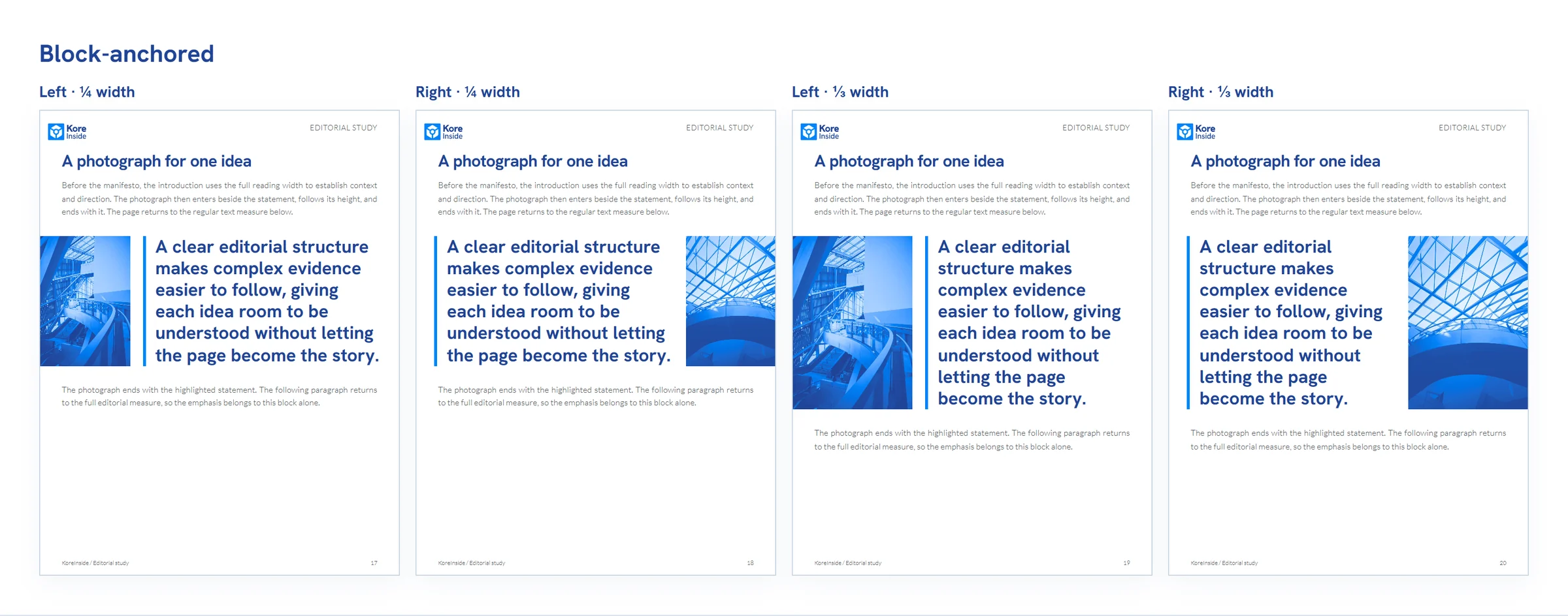 Four KoreInside page mockups with official logos show left and right photographs anchored to the height of a manifesto at quarter and third page widths.