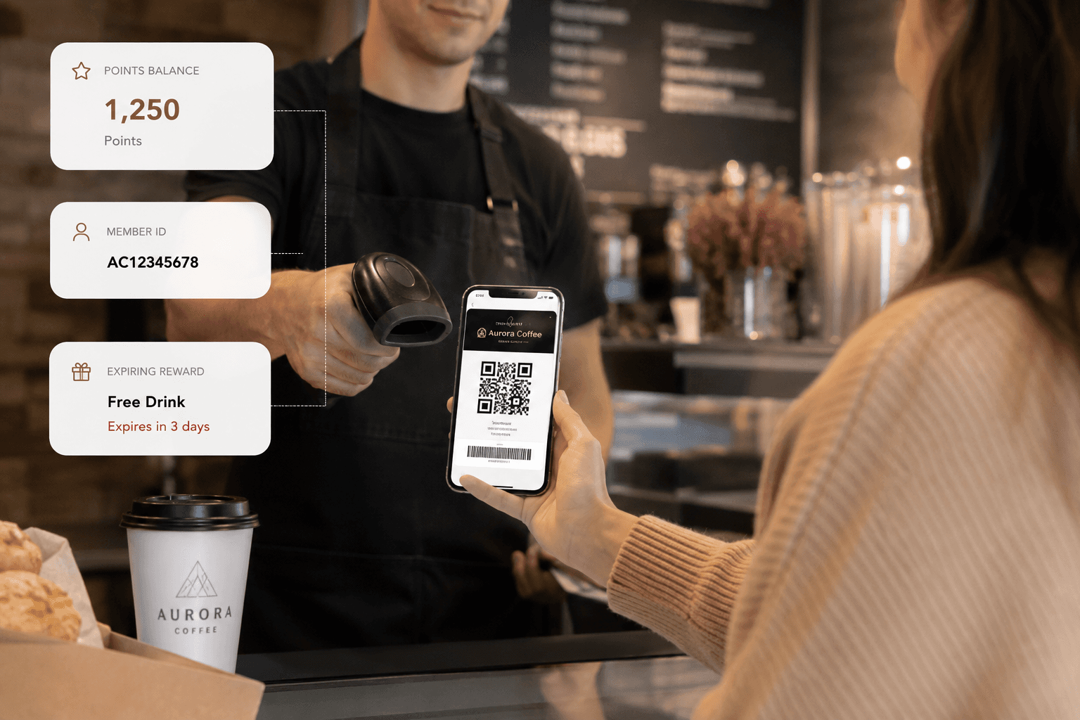 Customer at a café checkout holds up a phone displaying a digital loyalty pass with a QR code while a barista scans it, with overlay cards showing points balance, member ID, and an expiring reward.