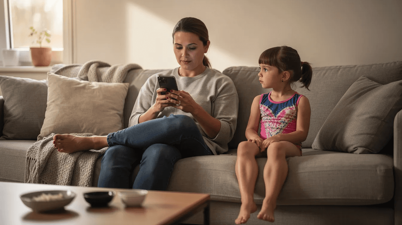 A parent is seated on a sofa, engaged with a smartphone, while a child wearing a colorful gymnastics leotard sits nearby, possibly preparing for a class. This scene reflects the everyday life of gymnastics club owners and parents managing schedules and attendance, highlighting the importance of effective gymnastics club management software for streamlined operations.